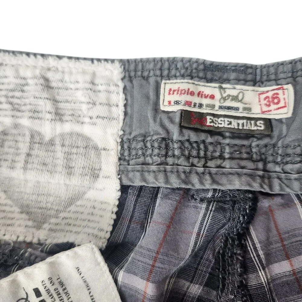 VTG 555 Soul Essentials-Gray Plaid Mens Cargo Shorts-Cinch Leg/Waist-Thrashed 36